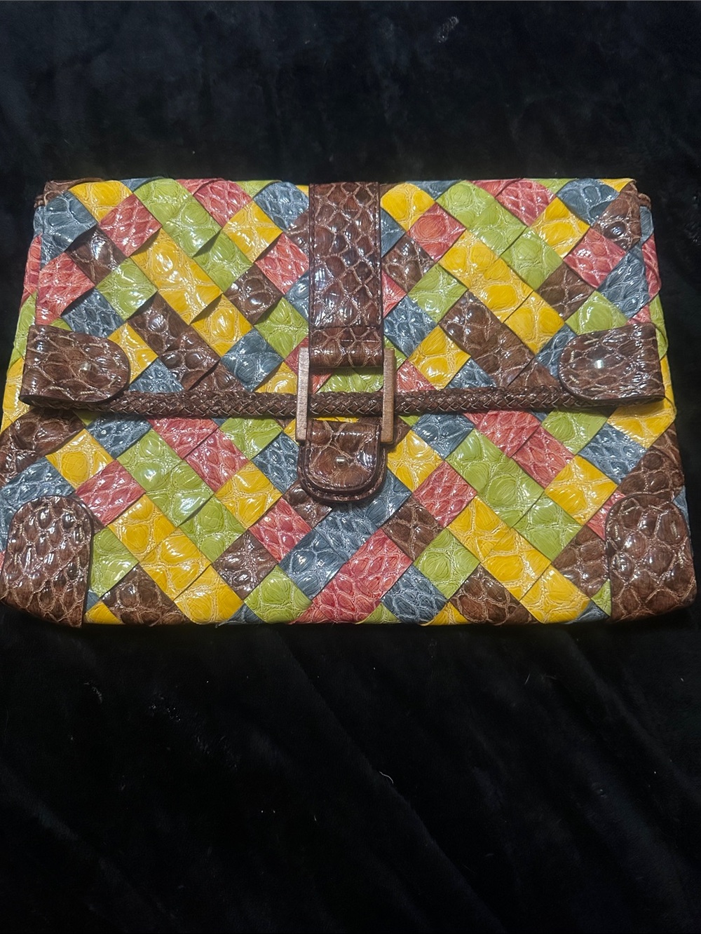 Jessica Simpson LARGE Croc Embossed Woven Patent Leather Clutch